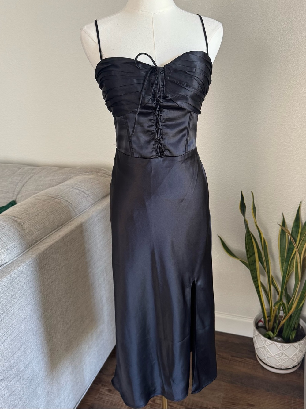 Hollister S Black Midi Slip Dress Small Lace-Up Slit Satin Sleeveless Party Sexy